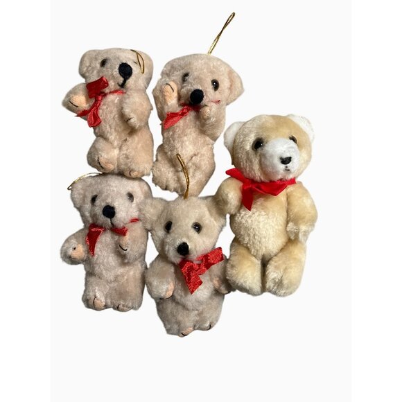 Mini Plush Teddy Bear Lot Ornaments With Red Bows - Picture 1 of 8